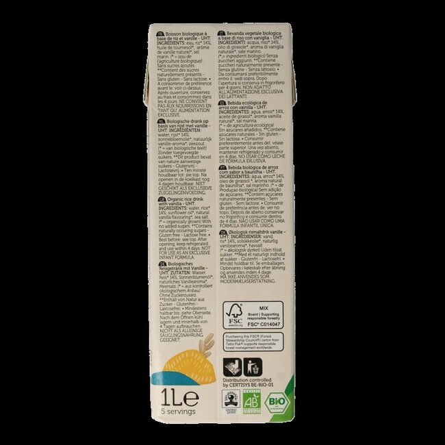 Boisson au riz vanille bio Lima 1 litre