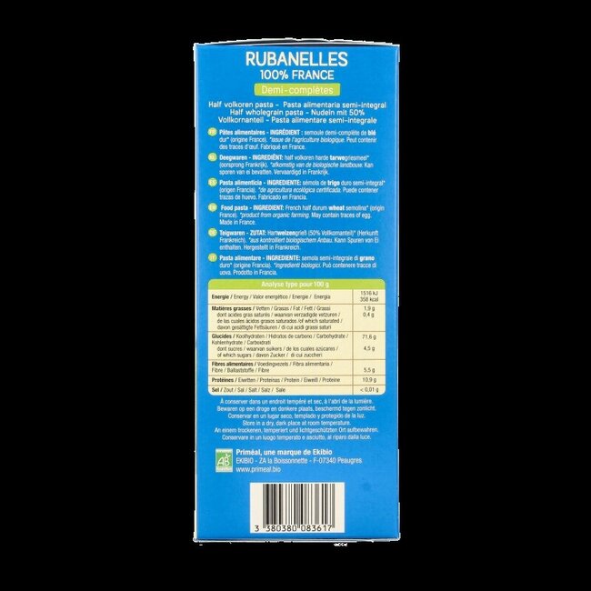 Primeal Rubanelle halfvolkoren pasta bio 400 Gram