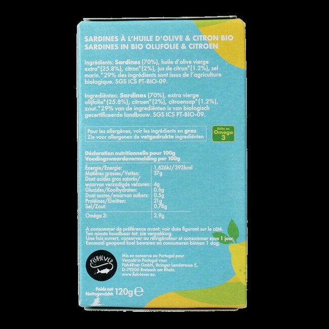 Fish 4 Ever Sardines à l'huile d'olive et au citron 120 g