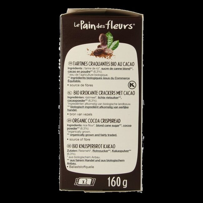 Pain Des Fleurs Krokante bio crackers met cacao bio 160 Gram
