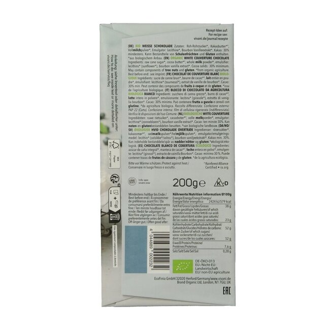 Vivani Couverture smeltchocolade wit bio 200 Gram