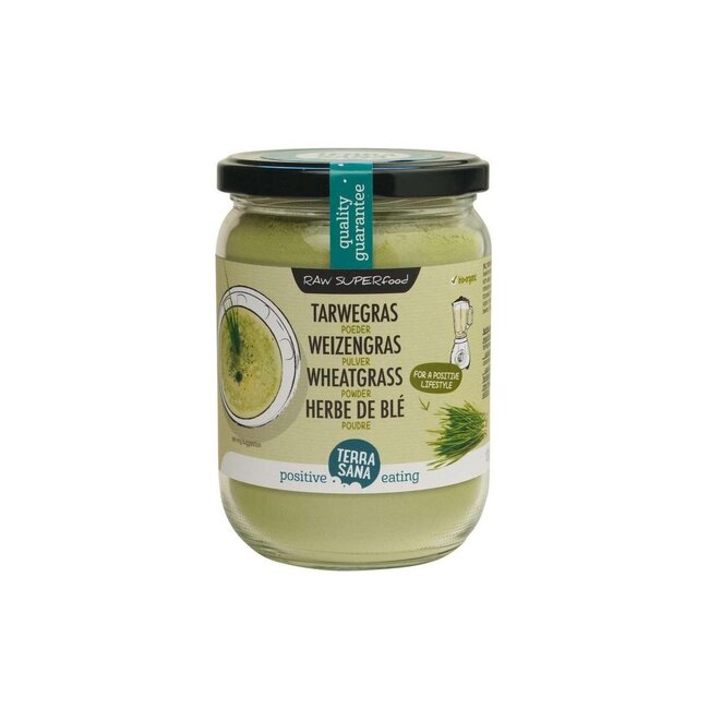 Raw tarwegras poeder in glas bio 130 Gram