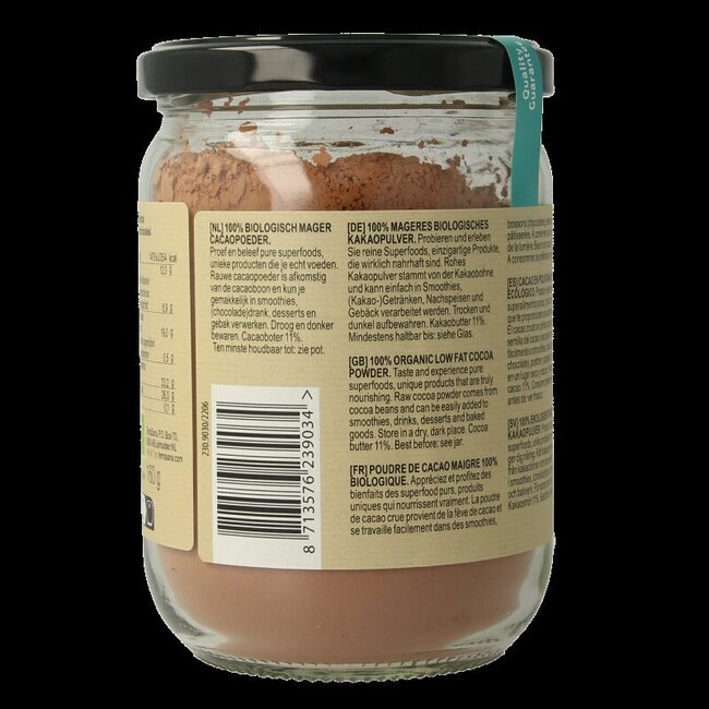 TerraSana Poudre de cacao cru antioxydante bio en pot de verre 160 g