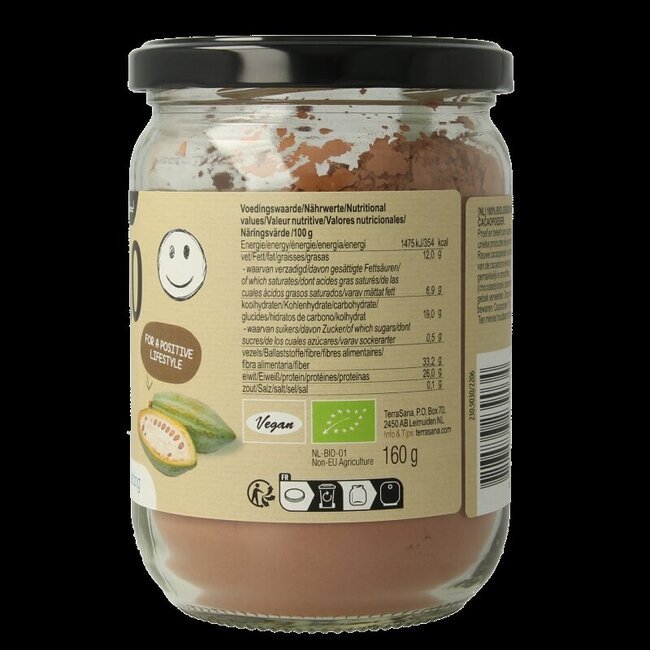 TerraSana Poudre de cacao cru antioxydante bio en pot de verre 160 g