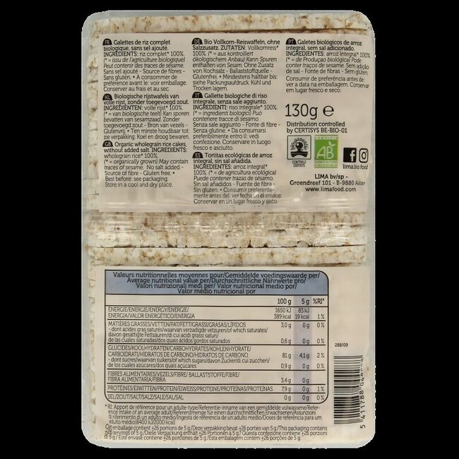 Lima Galettes de riz sans sel fines rectangulaires bio 130 g