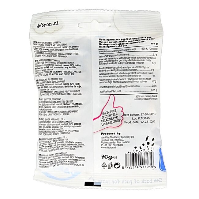De Bron Buttertoffee suikervrij 70 Gram