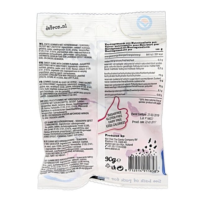 De Bron Kersen gums/cherry gums suikervrij 90 Gram