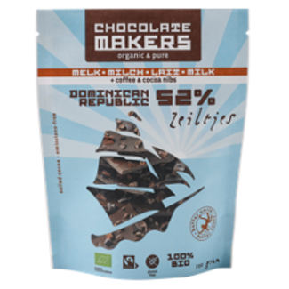 Chocolatemakers Zeiltjes melk 52% met cacaonibs & koffie bio 100 Gram