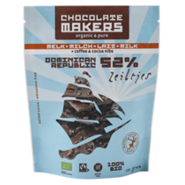 Zeiltjes melk 52% met cacaonibs & koffie bio 100 Gram