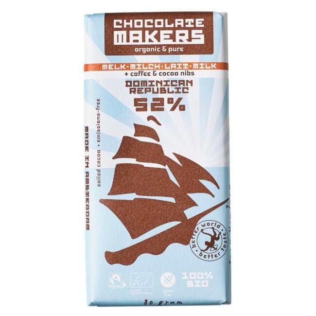 Reep tres hombres 52% melk cacaonibs & koffie bio 80 Gram