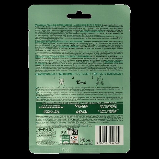 Garnier SkinActive tissuemasker hydra bomb groene thee  1 Stuks
