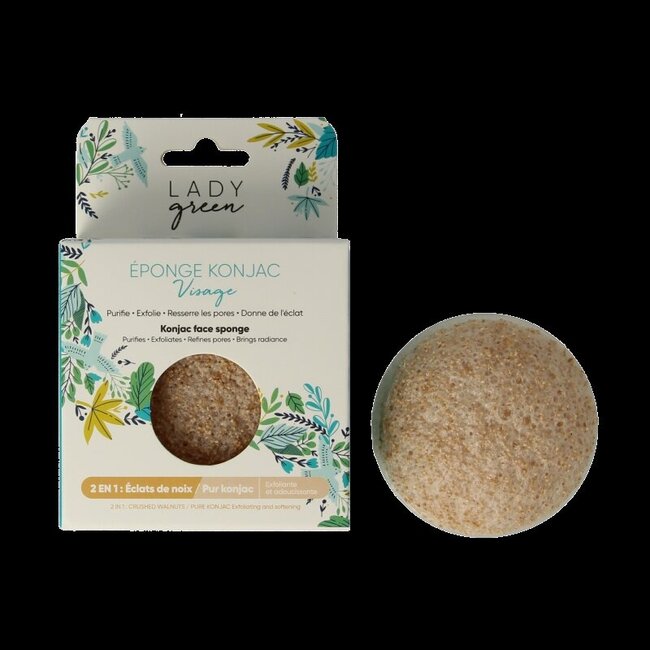 Lady Green Konjac gezichtsspons crushed walnut 1 Stuks