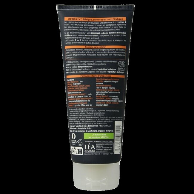 Gel douche 3-en-1 cèdre pour homme So Bio Etic 200 ml