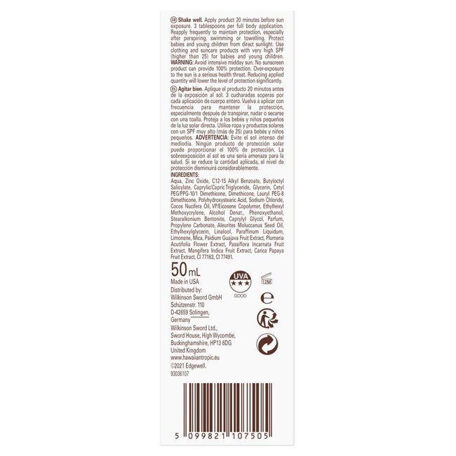 Hawaiian Tropic Lait solaire minéral visage SPF30 50 ml