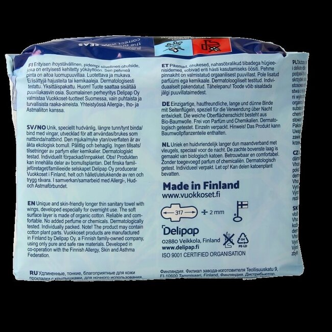 Vuokkoset Serviettes hygiéniques nuit avec ailettes coton bio 9 pièces