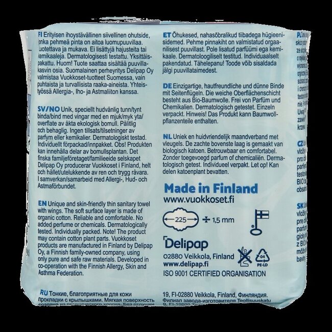 Vuokkoset Serviettes Hygiéniques Normal avec Ailes Coton Biologique 12 Pièces