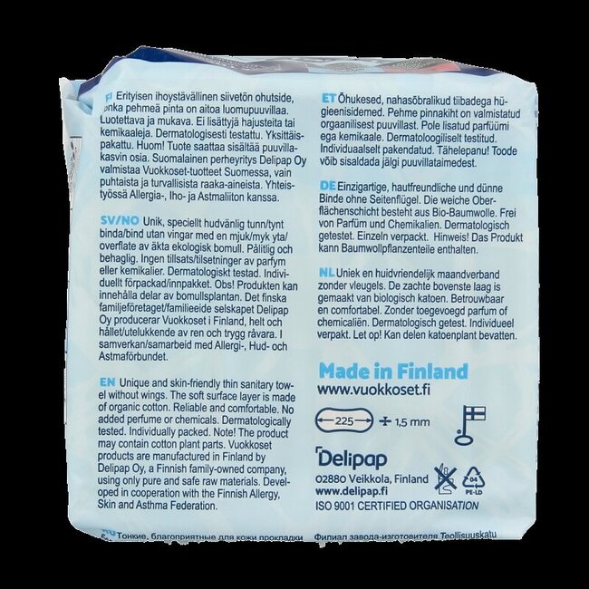 Vuokkoset Serviettes hygiéniques normales en coton biologique 14 pièces
