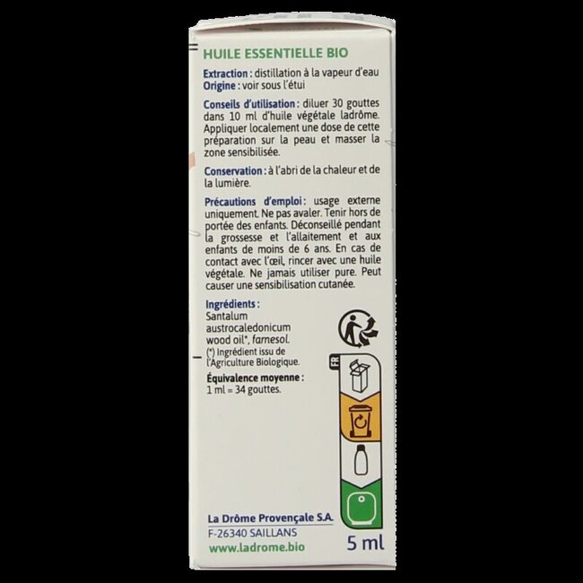 Huile essentielle de bois de santal bio Ladrome 5 ml