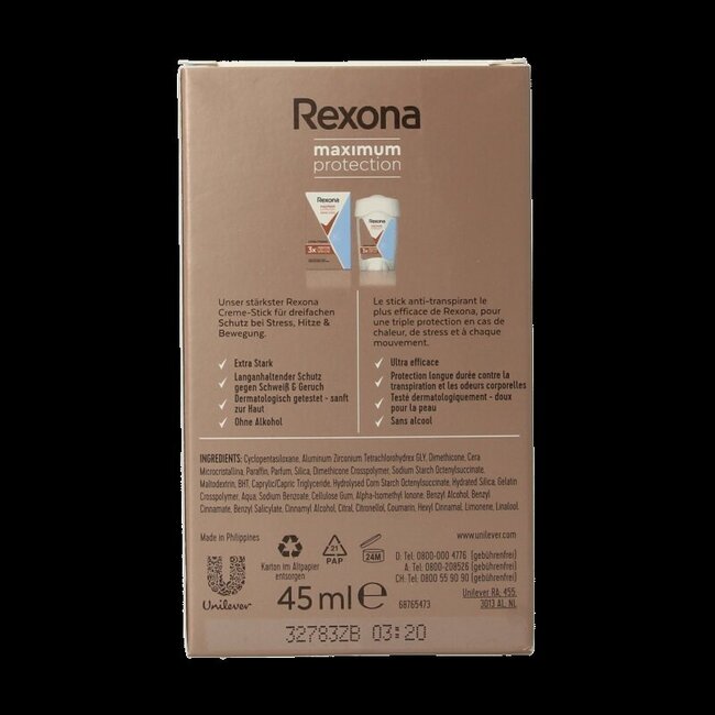 Rexona Deodorant stick woman max prot clean scent 45 Milliliter