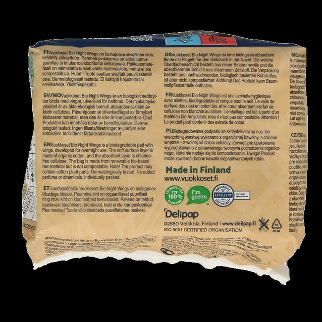 Vuokkoset Bio Serviettes hygiéniques nuit avec ailes 9 pièces