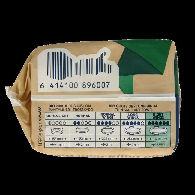 Vuokkoset Bio Serviettes hygiéniques nuit avec ailes 9 pièces