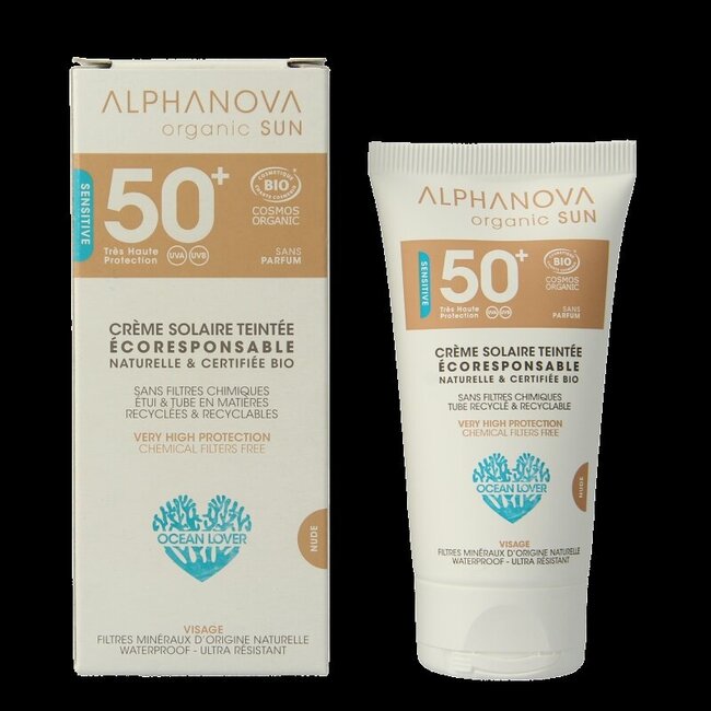 Alphanova Sun Sun getinte zonnebrand tegen zonne allergie SPF50 50 Gram