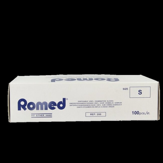 Gants en vinyle Romed non stériles poudrés S 100 pièces