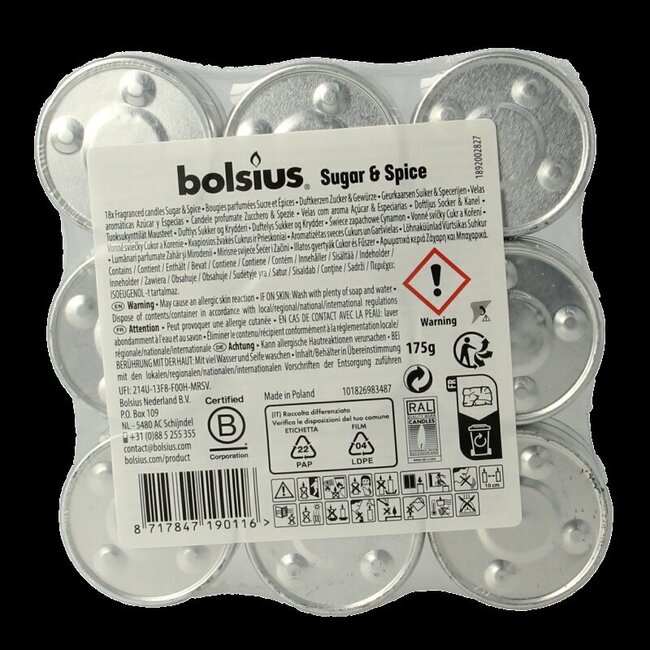 Bolsius Bougies chauffe-plat parfumées multicolores Sugar & Spice 18 pièces