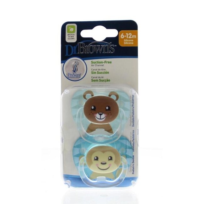 Fopspeen prevent animal faces F2 blauw 2 Stuks