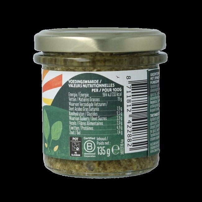 Zonnatura Groentespread spinazie bio 135 Gram