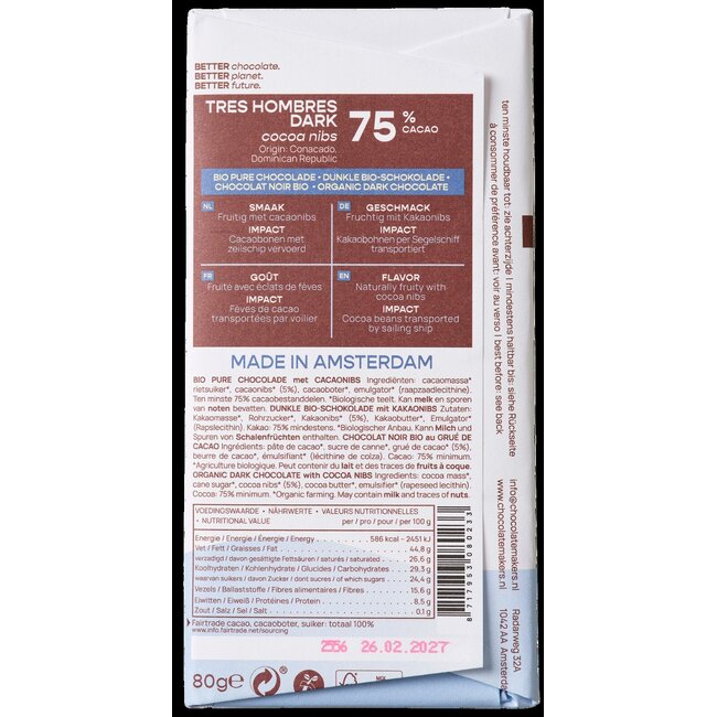 Chocolatemakers Tablette Tres Hombres 75% noir aux éclats de cacao bio 80 g