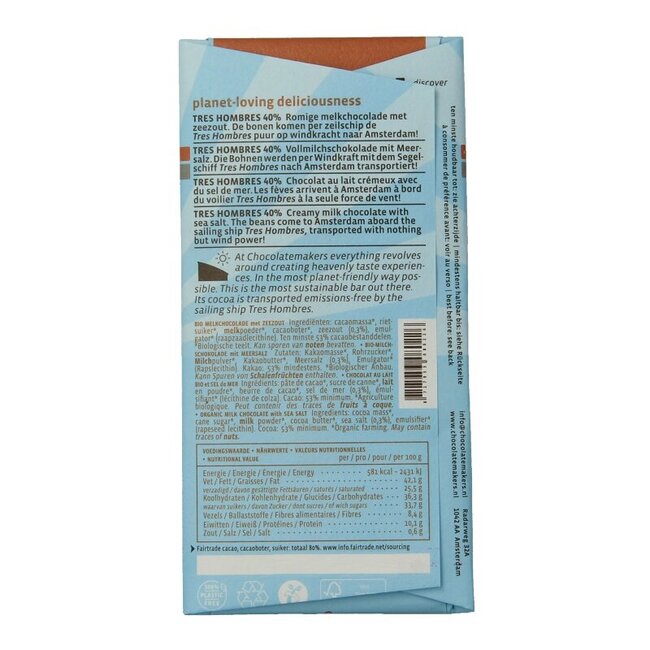 Chocolatemakers Tablette Tres Hombres 40 % lait sel marin équitable bio 80 g