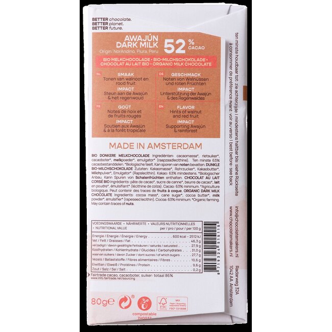 Chocolatemakers Awajun 52% donkere melk fairtrade bio 80 Gram