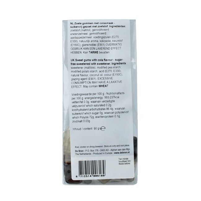 De Bron Gommes au cola sans sucre 90 g