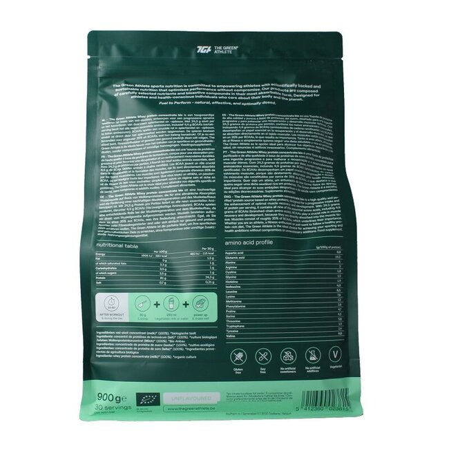 The Green Athlete Whey protein concentrate unflavoured bio 900 Gram