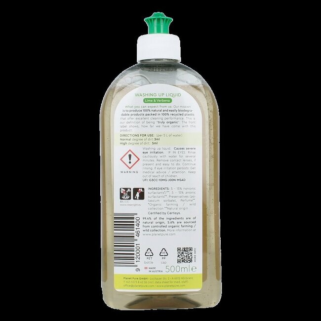 Planet Pure Afwasmiddel lime & verbena 500 Milliliter