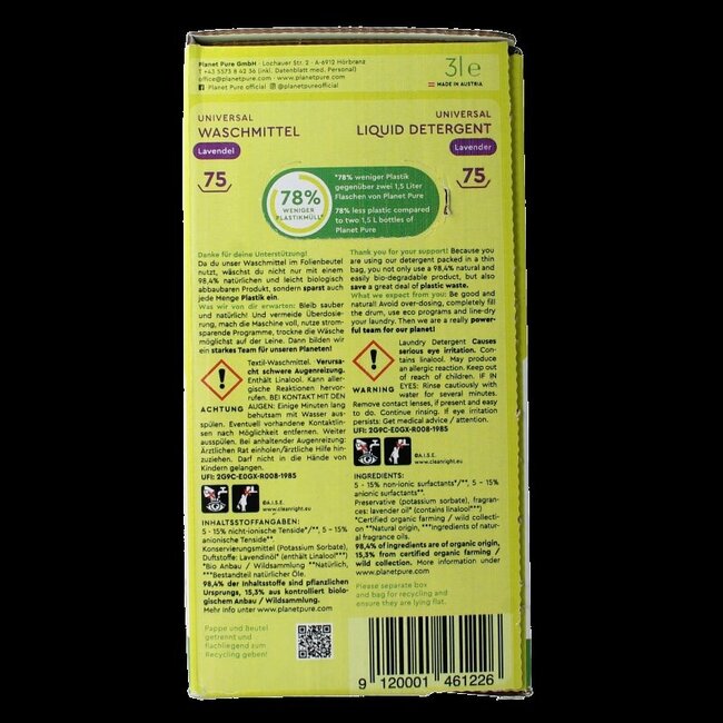 Planet Pure Lessive liquide universelle lavande 3 Litres