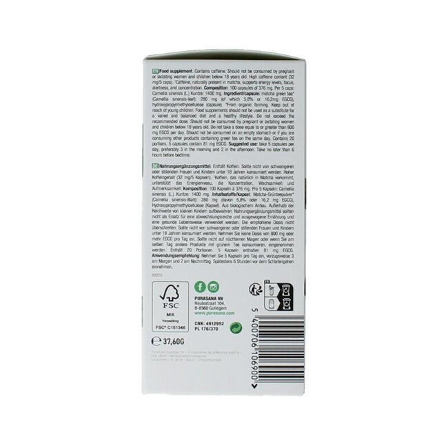 Purasana Matcha vegan bio 100 gélules végétales