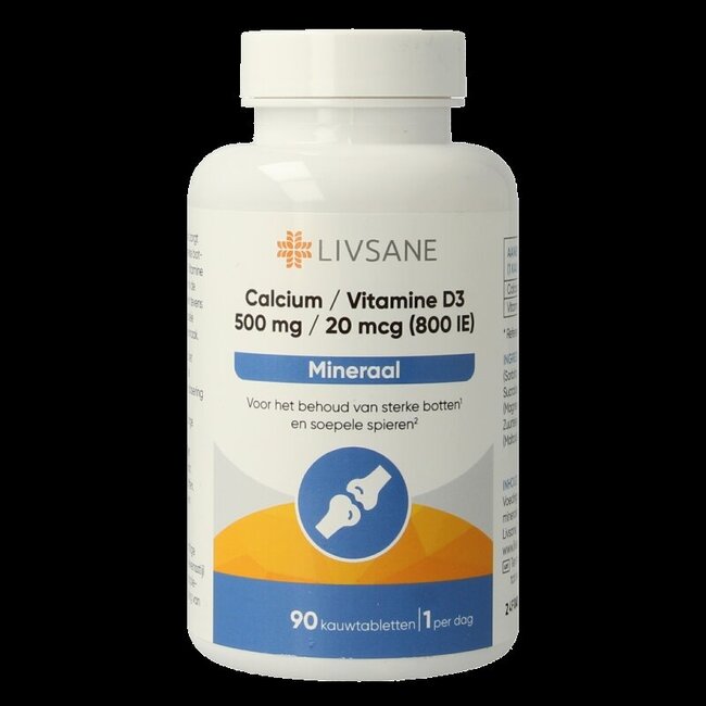 Livsane Calcium 500mg / vitamine D3 sinaasappel 90 Kauwtabletten