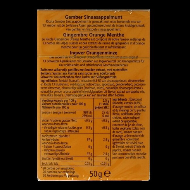 Ricola Gingembre orange menthe sans sucre 50 grammes