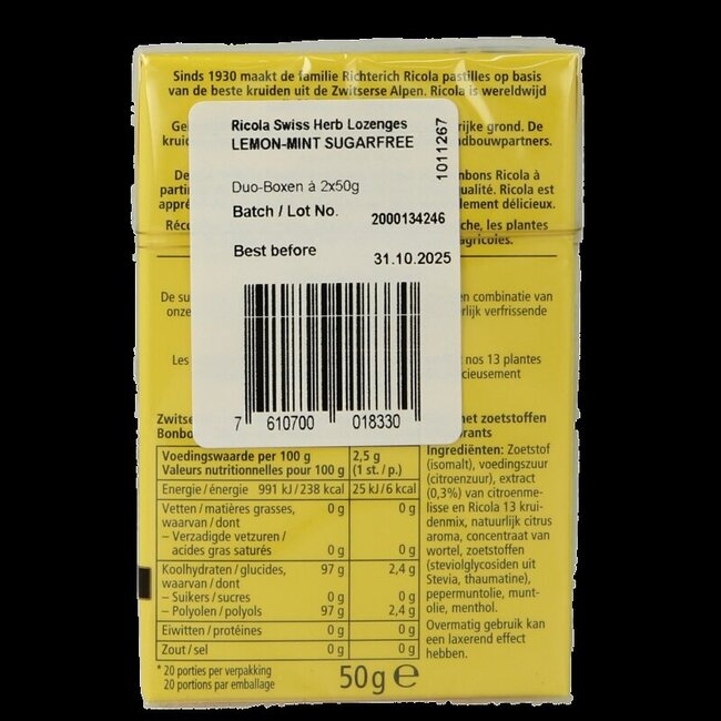 Ricola Menthe Citron sans sucre, lot de 2, 100 grammes