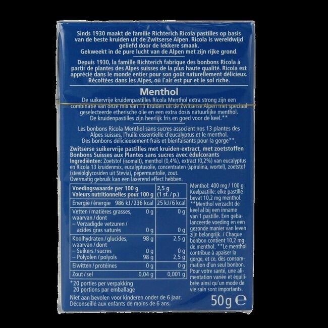 Ricola Menthol extra strong suikervrij 50 Gram