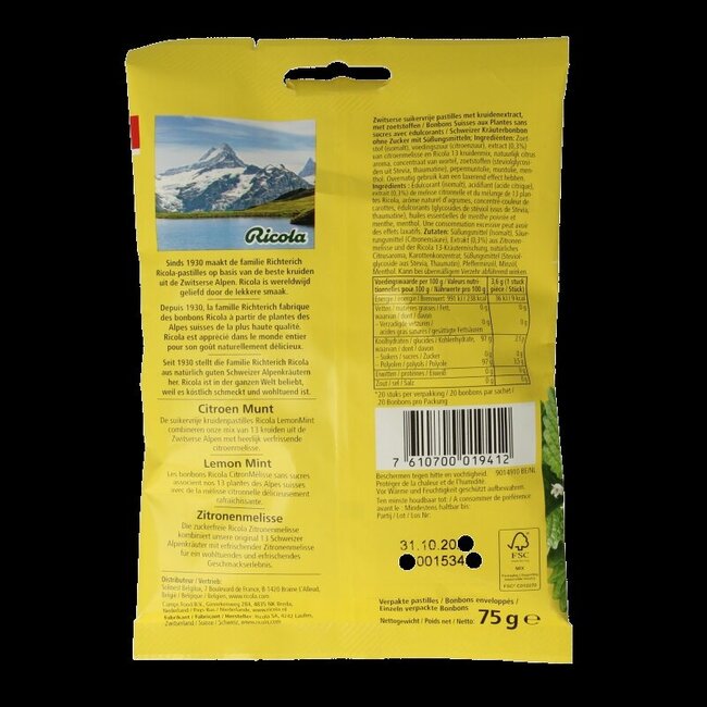 Ricola Citron Menthe sans sucres 75 g