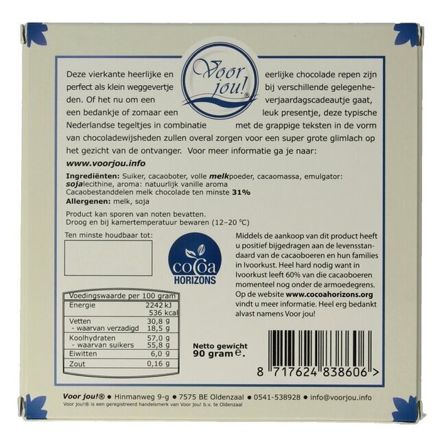 Voor Jou! Tablette de vœux Bleu de Delft Noël merry kissmas 90 Grammes