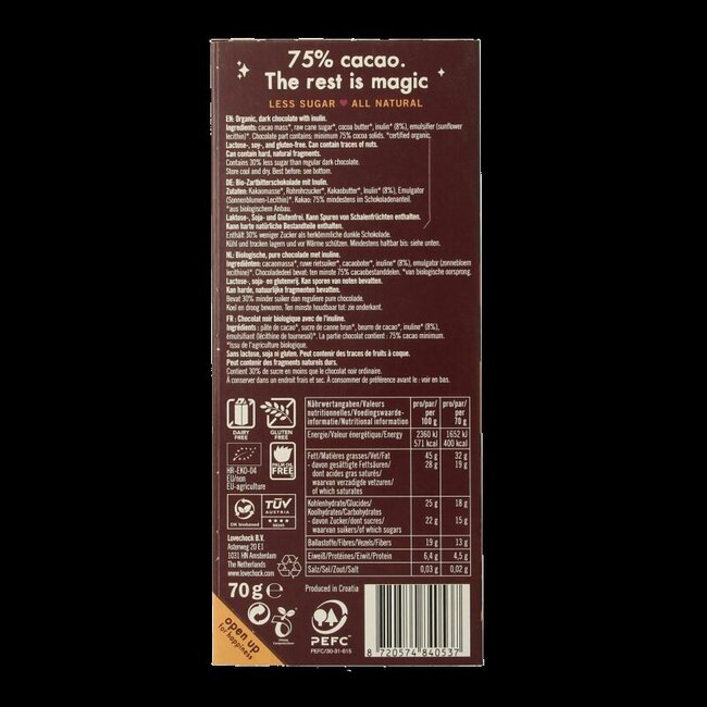 Lovechock Spirit chocolat noir riche bio 70 grammes