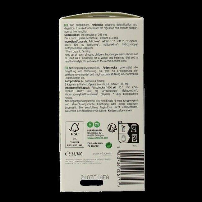Purasana Artisjok vegan bio 60 Vegetarische capsules
