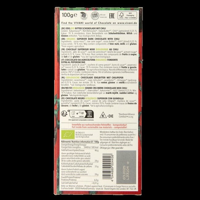 Chocolade puur superieur met chili bio 100 Gram