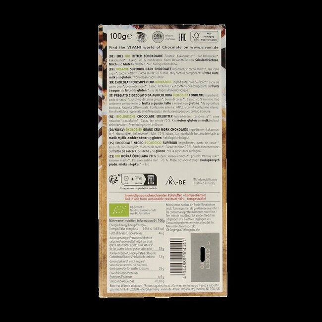 Chocolat noir supérieur 70% Santo Domingo bio 100 g
