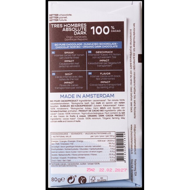 Reep tres hombres 100% extra puur fairtrade bio 80 Gram