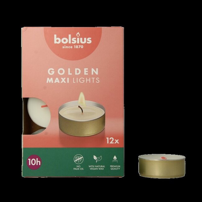 Bougies chauffe-plat Maxi 10 heures blanc avec coupelle dorée 12 pièces